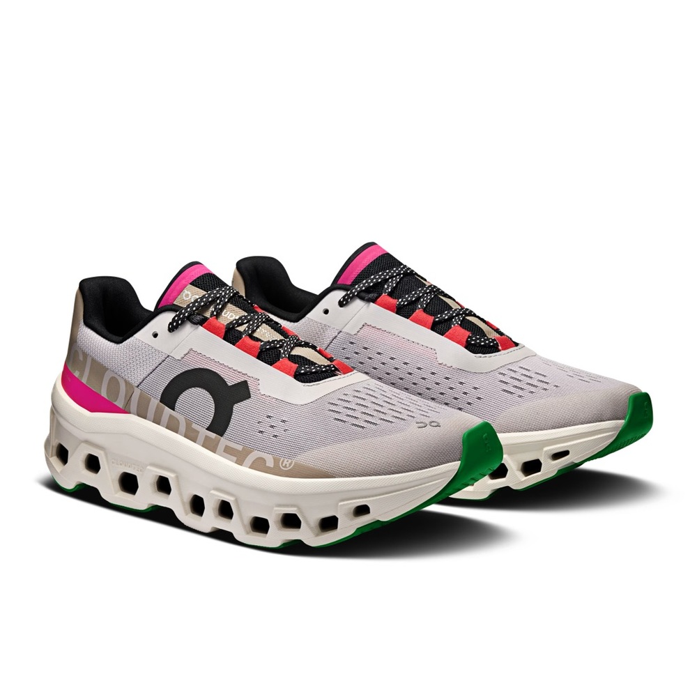 On Running Women's Green, Tan and Pink Cloud Monster Shoes